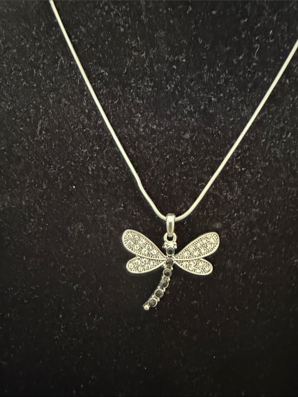 Silver Dragonfly Pendant Necklace - Sparkling Crystal Accent